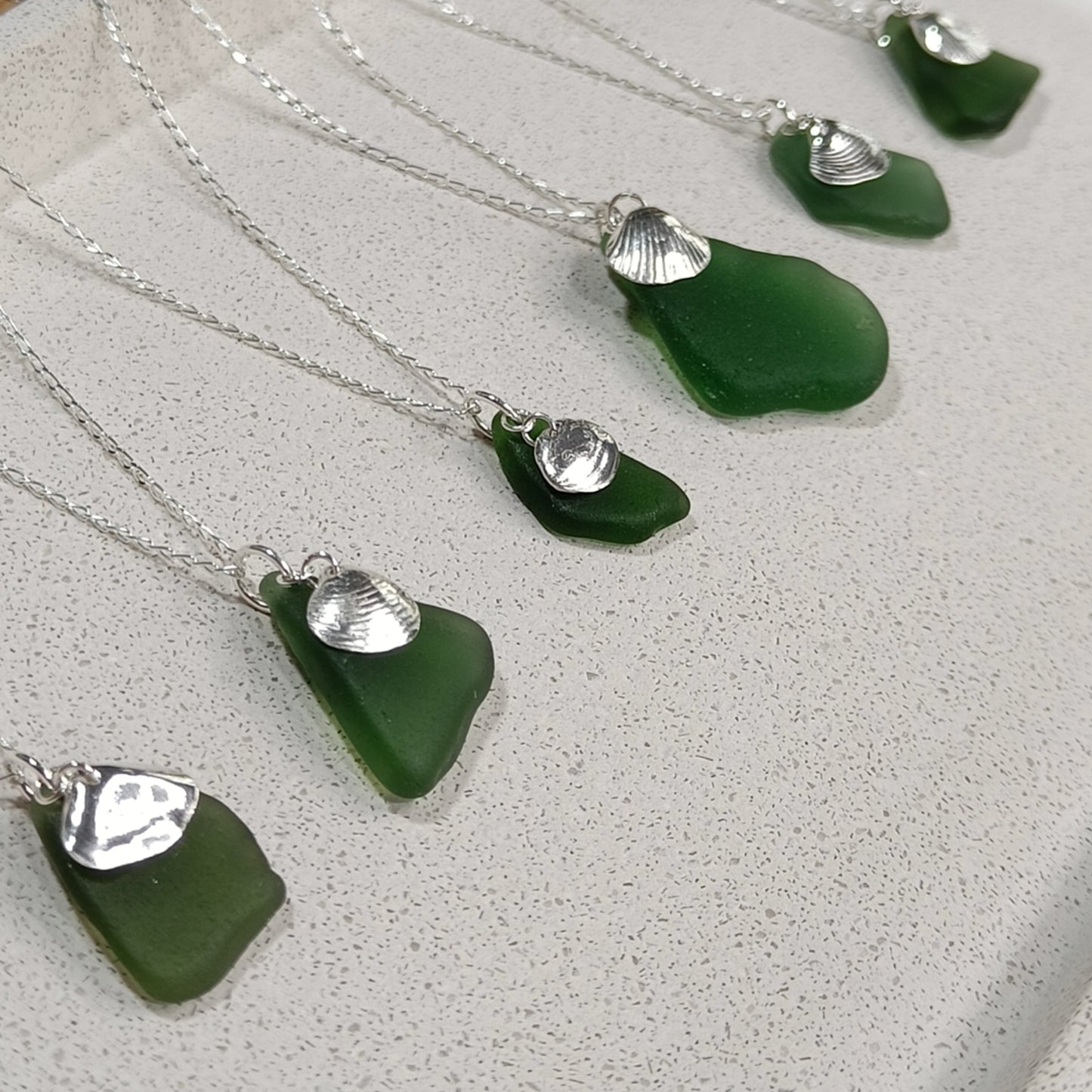Sea Green Seaglass & Cockle charm necklace (18"/45cm chain)