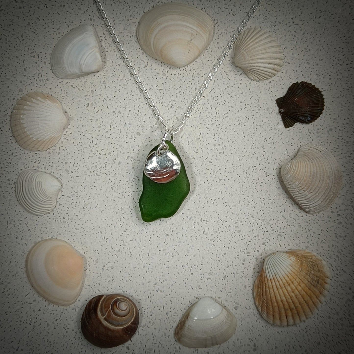 Sea Green Seaglass & distressed Clam charm necklace (16"/40cm chain)